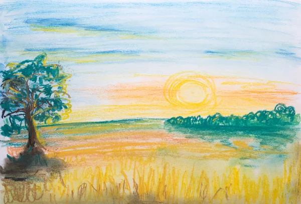 Einsamer Baum Beleuchtet Von Den Strahlen Der Untergehenden Sonne Malerei — Stockfoto