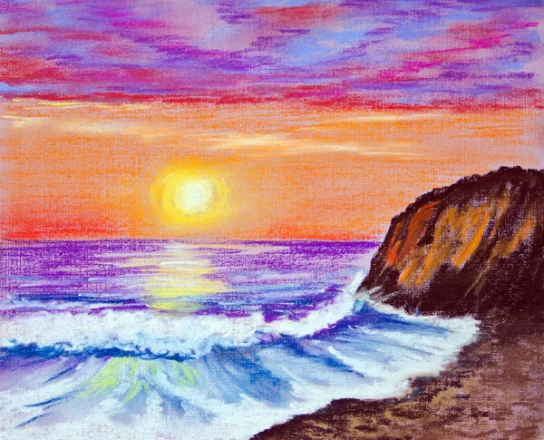 Piękny Zachód Słońca Nad Morzem Fale Toczyły Się Skalistym Brzegu — Zdjęcie stockowe