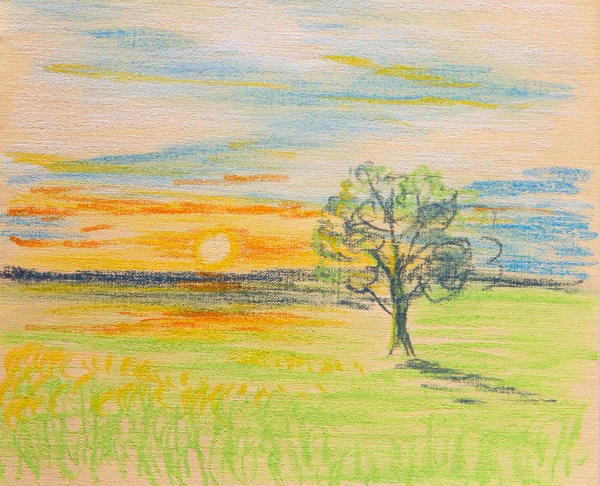 カモメと海に沈む夕日 クレヨンでお絵かき — ストック写真 カモメと海に沈む夕日 クレヨンでお絵かき — ストック写真