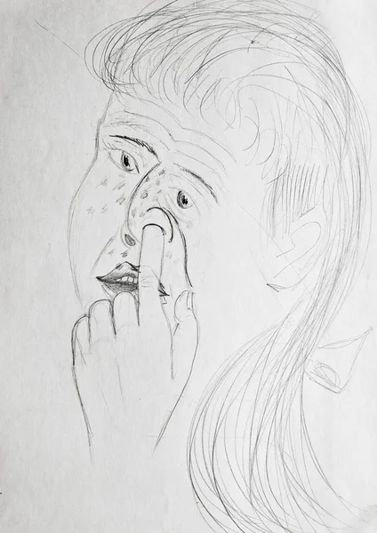 Young Guy Scratches His Nose His Finger Cartoon Drawn Pencil — 스톡 사진