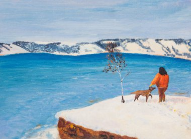 Girl with dog on the shore of the lake. Winter