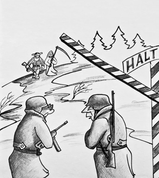 Two Soldiers Look Partisan Death Pencil Drawing — Stok fotoğraf