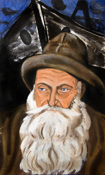 Portrait of an old bearded fisherman. Old man on a fishing boat background. Painting