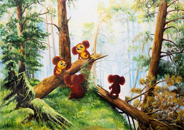 Cheburashka in Russian forest. Painting - caricature