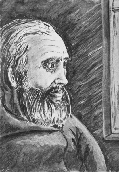 Portrait Elderly Man Beard Drawing Charcoal Paper — 스톡 사진