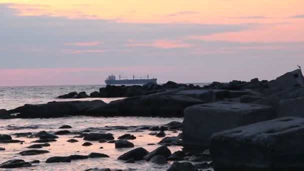 Zonsondergang Zee Met Silhouetten Van Schepen — Stockvideo