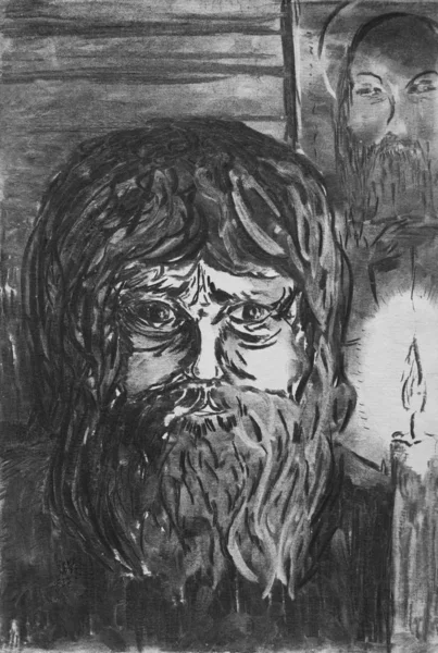 クリスチャンのアイコンを背景に髭を生やした男の肖像画 紙に木炭で描く — ストック写真