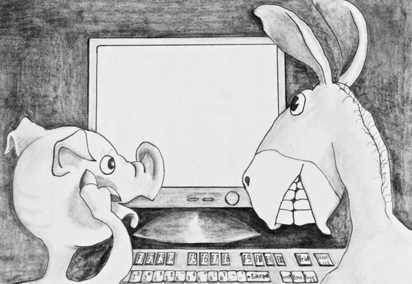 돼지와 당나귀가 컴퓨터에 있습니다 풍자적 종이에 연필그리기 — 스톡 사진