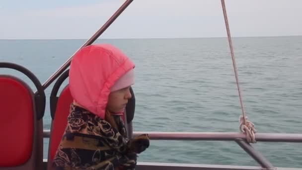 Child Boat Sailing Cold Spring Day Sea – Stock-video