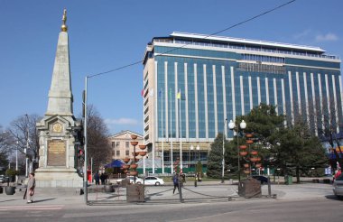 KRASNODAR, RUSSIA-MARCH 25, 2010: Obelisk in honor of the bicentennial of the Kuban Cossack army. Krasnodar, a major city in the South of Russia