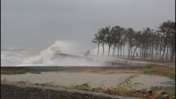 Duże Fale Burzowe Rozbijają Się Betonowym Brzegu Krople Deszczu Soczewce — Wideo stockowe