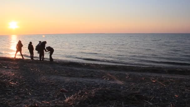 Bambini Corrono Sulla Spiaggia Sotto Raggi Del Sole Tramonto Silhouette — Video Stock