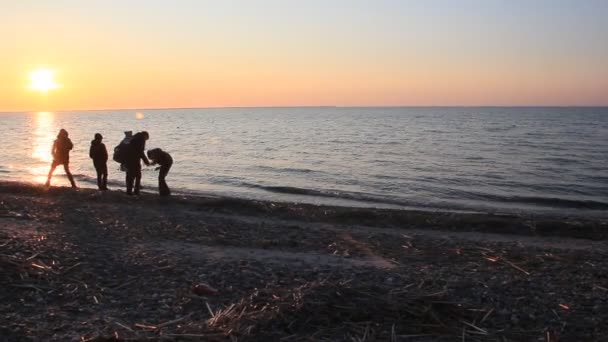 子供たちは夕日の光の中でビーチで走ります 子供のシルエット — ストック動画