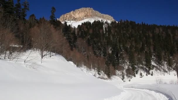 Hermosas Montañas Cubiertas Nieve Día Soleado Cielo Azul Día Helado — Vídeos de Stock