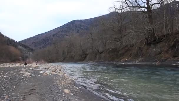 Ein Stürmischer Fluss Der Zwischen Von Wald Bewachsenen Bergen Fließt — Stockvideo