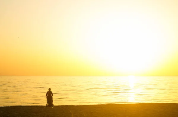 Woman Baby Stroller Summer Beach Sunset — Stock Photo, Image