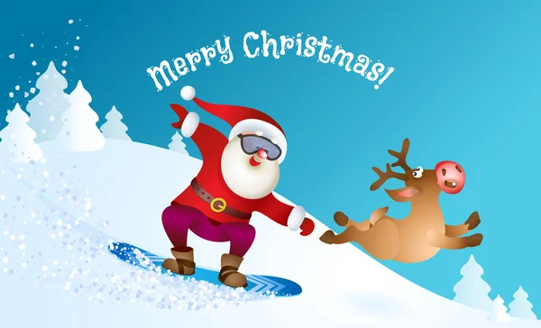 Santa snowboard avec rennes — Image vectorielle