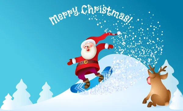 Santa snowboard avec rennes — Image vectorielle