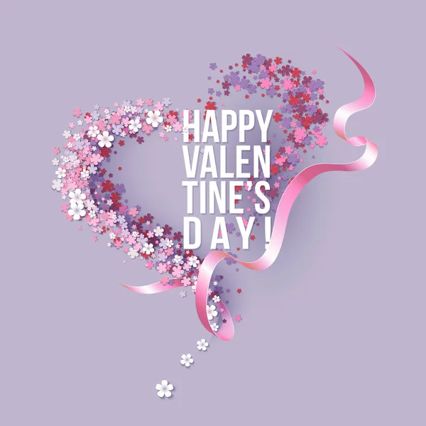 Tarjeta de San Valentín con flores rosadas en forma de corazón — Vector de stock