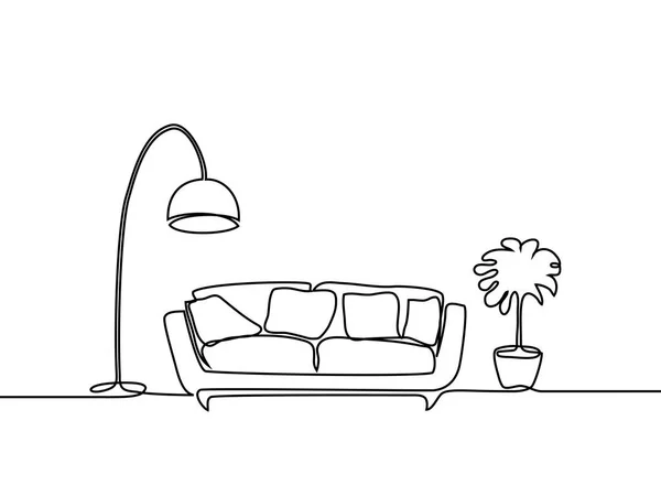 Interno con divano, lampada da terra e impianto . — Vettoriale Stock