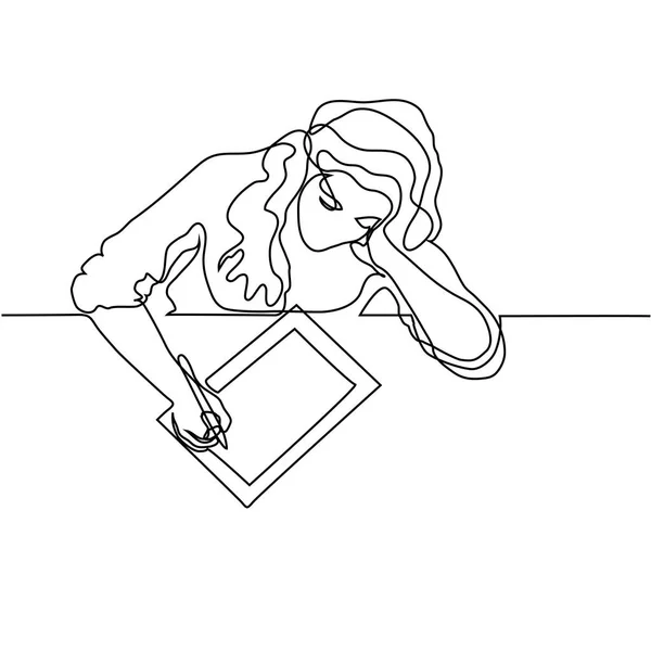 女性は座っているとタブレットを使用した描画. — ストックベクタ