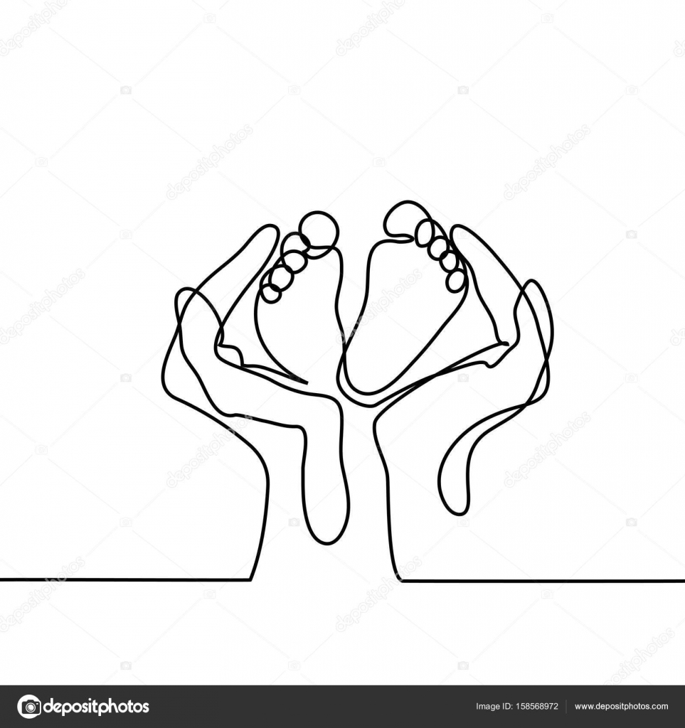 Mani che tengono il piede del bambino simbolo di protezione Disegno di linea continuo Illustrazione di vettore su priorit  bassa bianca — Vettoriali di