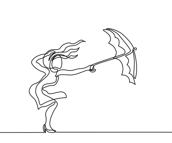 Mujer manteniendo paraguas del viento — Vector de stock