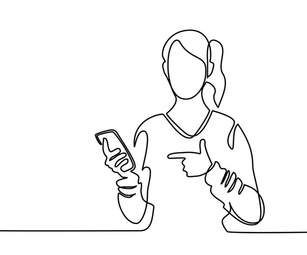 Женщина держит мобильный телефон и указывает пальцем — стоковый вектор