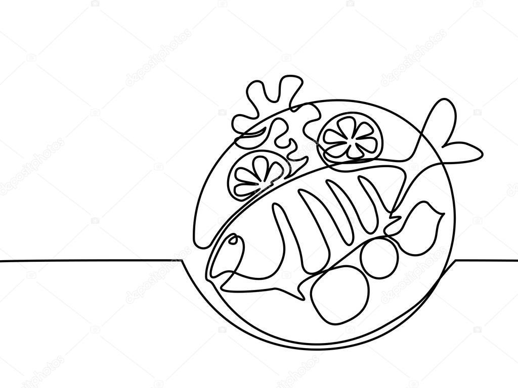 Continuous line drawing. Grilled fish on plate with lemon and potato. Vector illustration black line on white background.