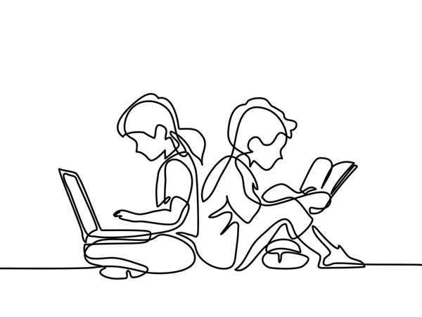 Chlapec a dívka s notebookem a čtení knihy — Stockový vektor