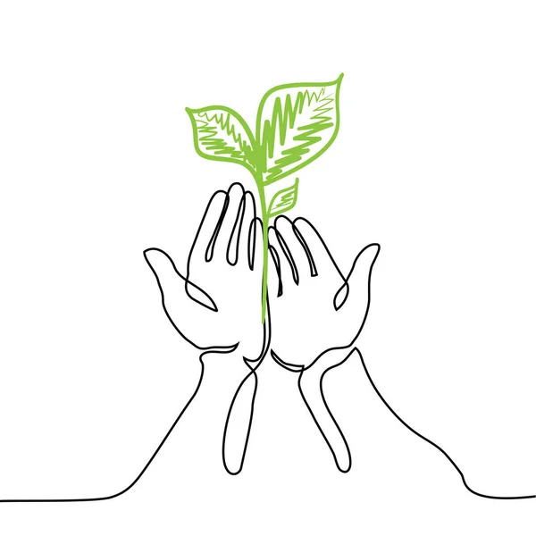 Manos sostiene una planta verde viva plántulas . — Vector de stock