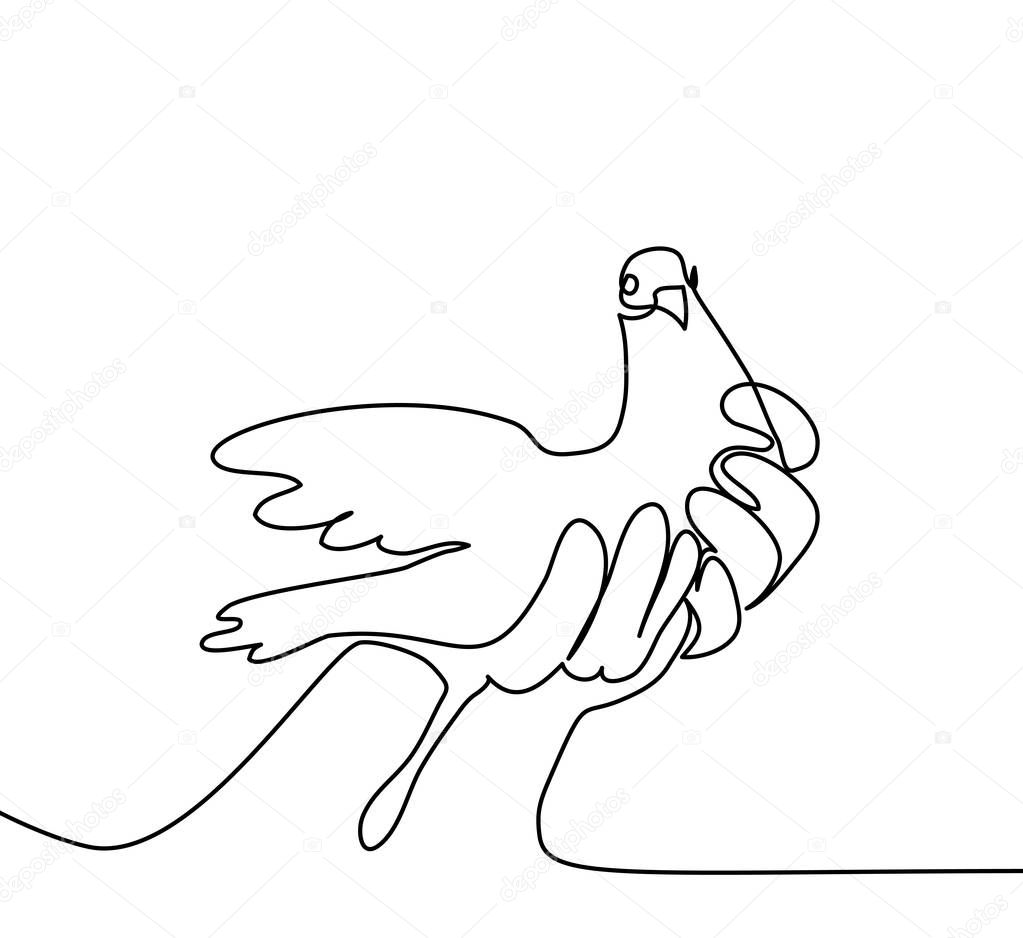 Continuous one line drawing. Pigeon in hands logo. Black and white vector illustration. Concept for logo, card, banner, poster, flyer