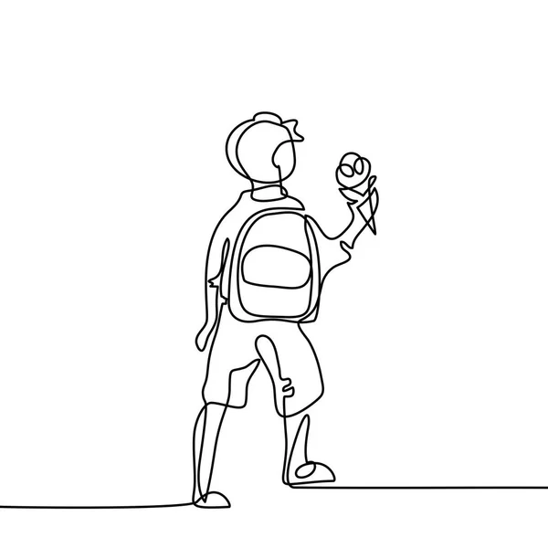 Chico con helado volviendo a la escuela con bolsa . — Vector de stock
