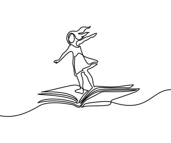 Bambina che vola sul libro nel cielo — Vettoriale Stock