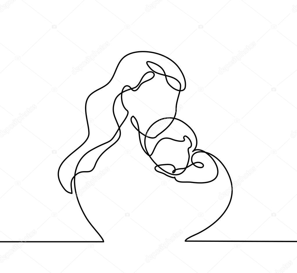 Logo with mother holding her baby with heart shape. Continuous line art vector illustration