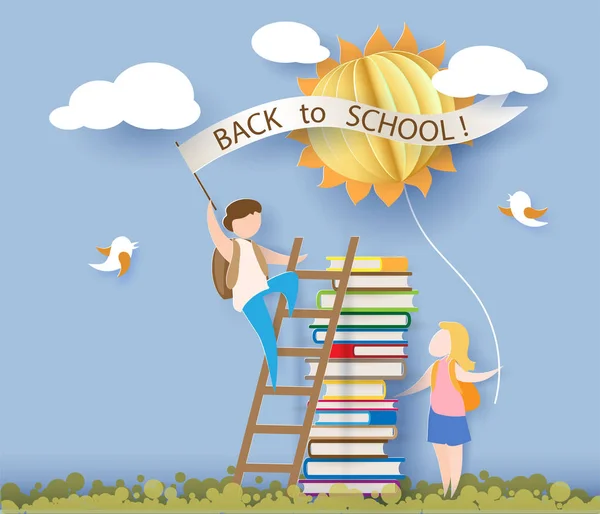 Πίσω στο σχολείο κάρτα με τα παιδιά, βιβλία και ήλιος — Διανυσματικό Αρχείο
