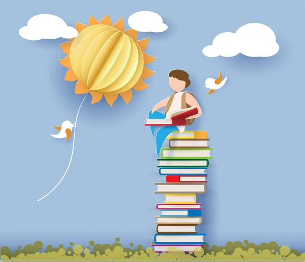 Повернутися до шкільної картки з хлопчиком, книгами та сонцем — стоковий вектор