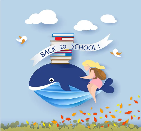 Kart üzerinde mavi gökyüzü uçan balina oturan çocuklarla — Stok Vektör