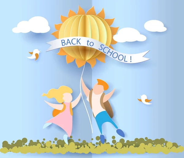 Voltar ao cartão da escola com crianças, folhas e sol — Vetor de Stock
