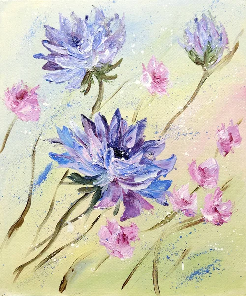 Handmålad modern stil lila och rosa blommor. — Stockfoto