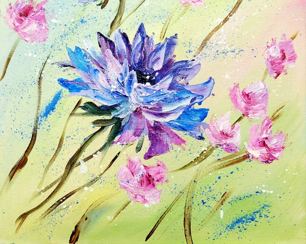Estilo moderno pintado a mano Flores azules y rosadas . — Foto de Stock