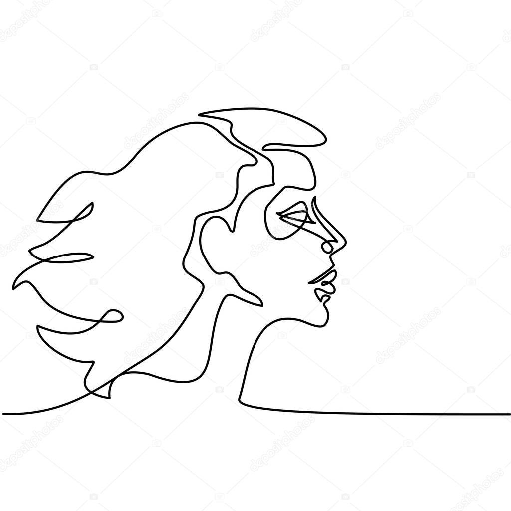Continuous line drawing. Abstract portrait of a woman side view. Vector illustration.