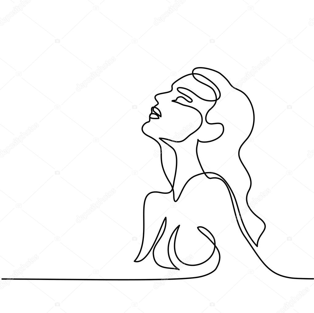 Continuous line drawing. Abstract portrait of a woman side view. Vector illustration.