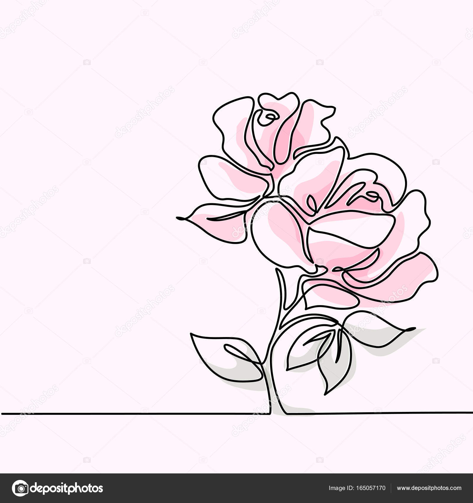 Fiori di rosa di bello morbido colore rosa Disegno di linea continuo Illustrazione di vettore — Vettoriali di Valenty