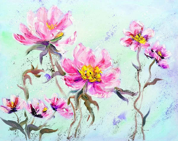 Hand geschilderd moderne stijl roze pioenrozen bloemen. — Stockfoto