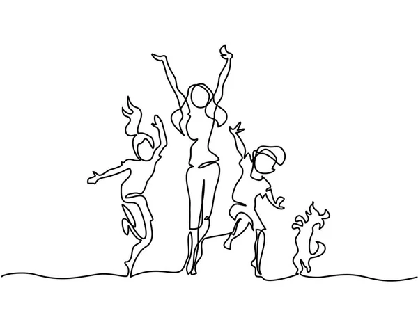 Счастливая мать танцует с детьми и собакой — стоковый вектор