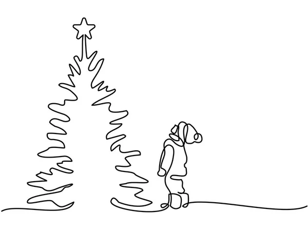 Nouvel an garçon carte regardant arbre de Noël — Image vectorielle