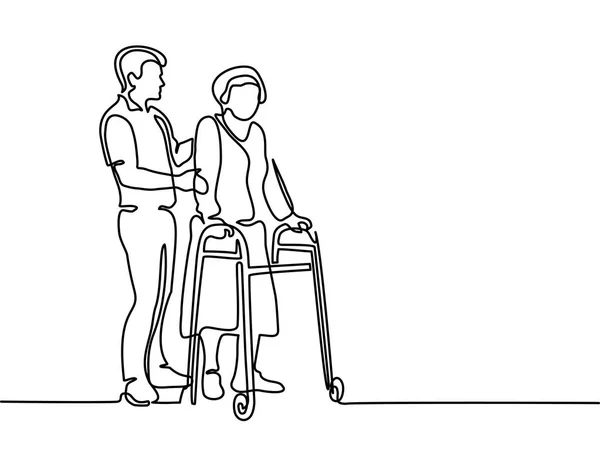 Jeune homme aider vieille femme en utilisant un cadre de marche — Image vectorielle