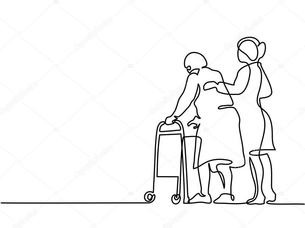 Young woman help old woman using a walking frame