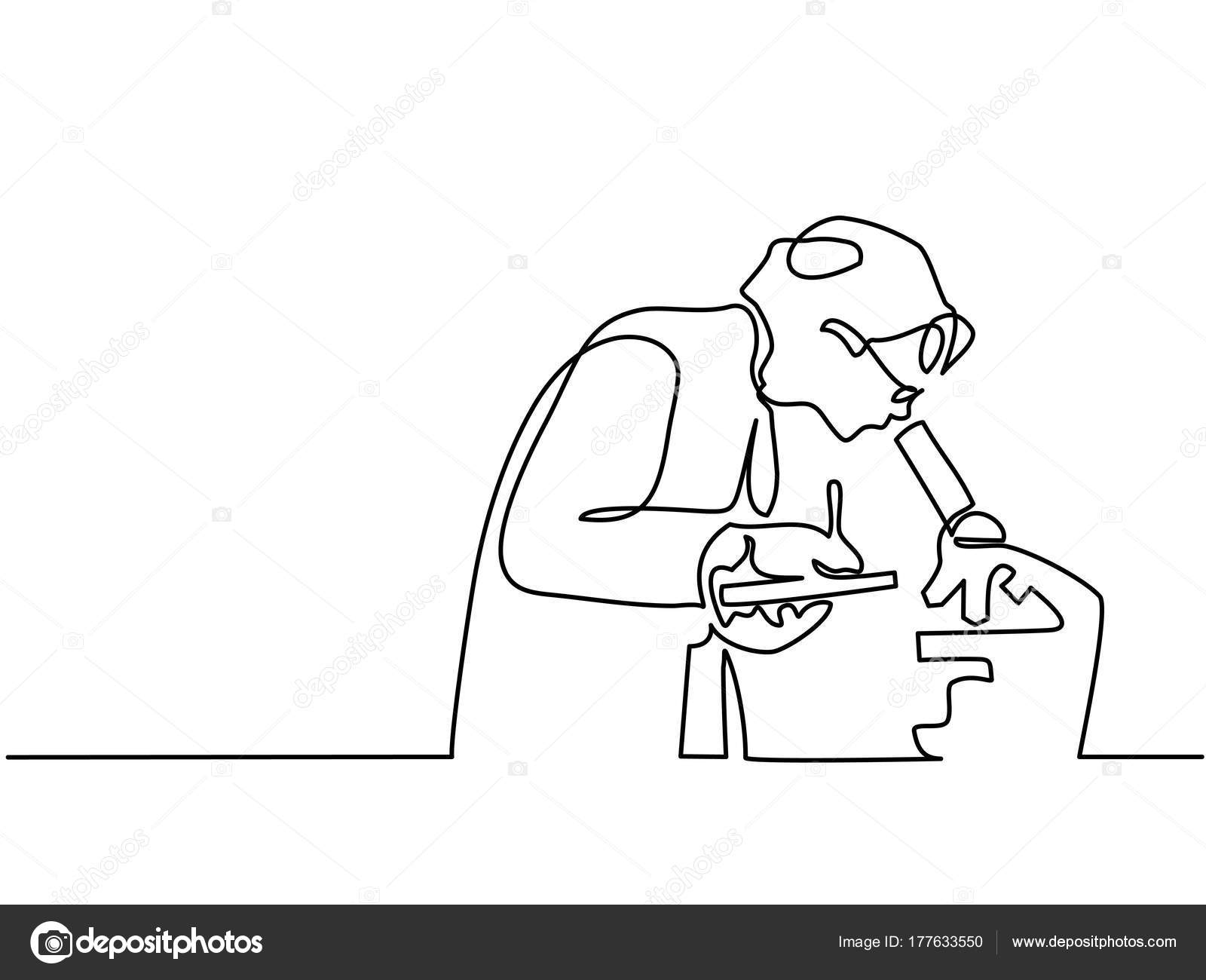 Donna dello scienziato che osserva attraverso il microscopio nel laboratorio Disegno di linea continuo Illustrazione di vettore su priorit  bassa bianca